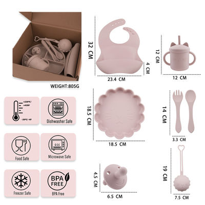 Nhóm hộp tùy chỉnh cho trẻ em trẻ sơ sinh đồ dùng trên bàn silicone Set With Cup Plate Bowl Spoon Fork Bib
