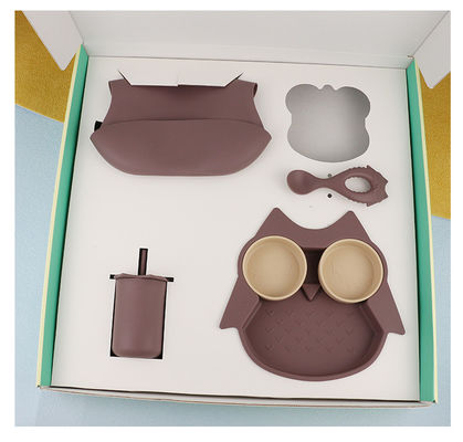 Bộ đồ ăn bằng silicon mềm bền bỉ Bộ cú đĩa Bát thìa Sippy Cup Yếm